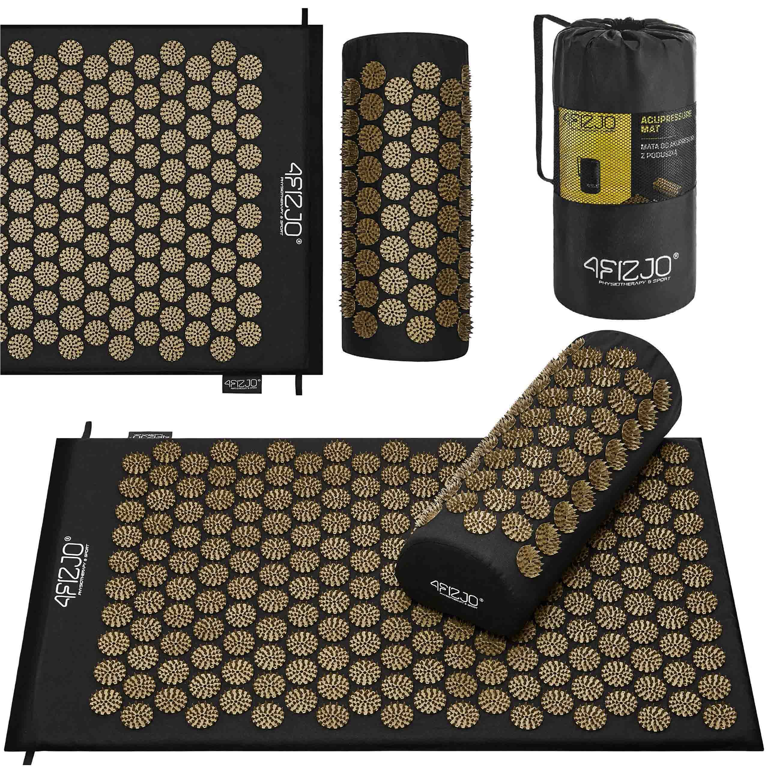 Mata rehabilitacyjna do akupresury z poduszką Acupressure Mat, niwelująca zmęczenie i dolegliwości bólowe, wspomagająca relaksację 68x42 cm (CZARNO-ZŁOTA)