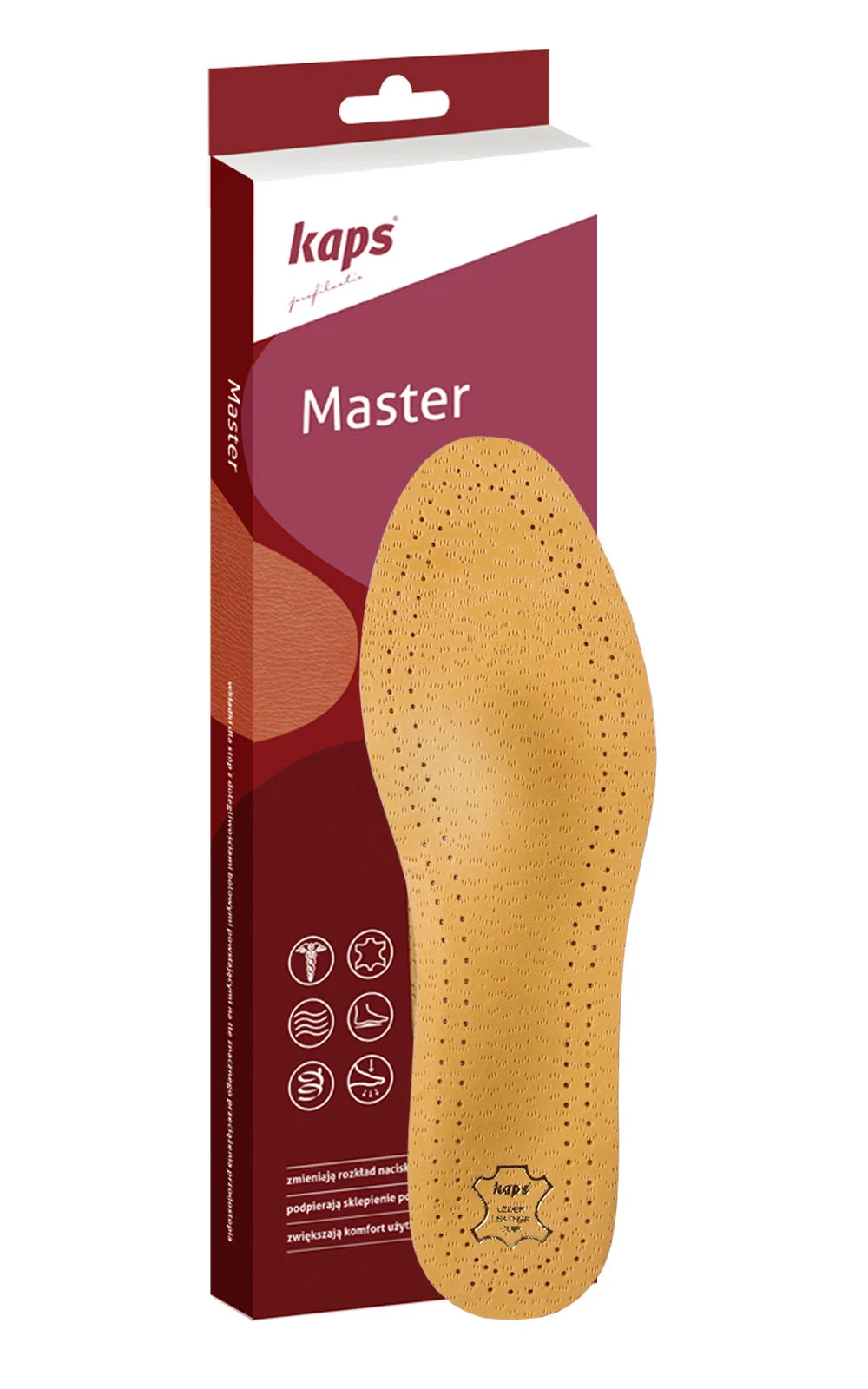 Wkładki ortopedyczne Master by Kaps® na płaskostopie podłużne i poprzeczne, wykonane z naturalnej skóry owczej i miękkiej pianki, korygują płaskostopie, redukują napięcie, izolują od twardego podłoża i zapewniają komfort przez cały dzień