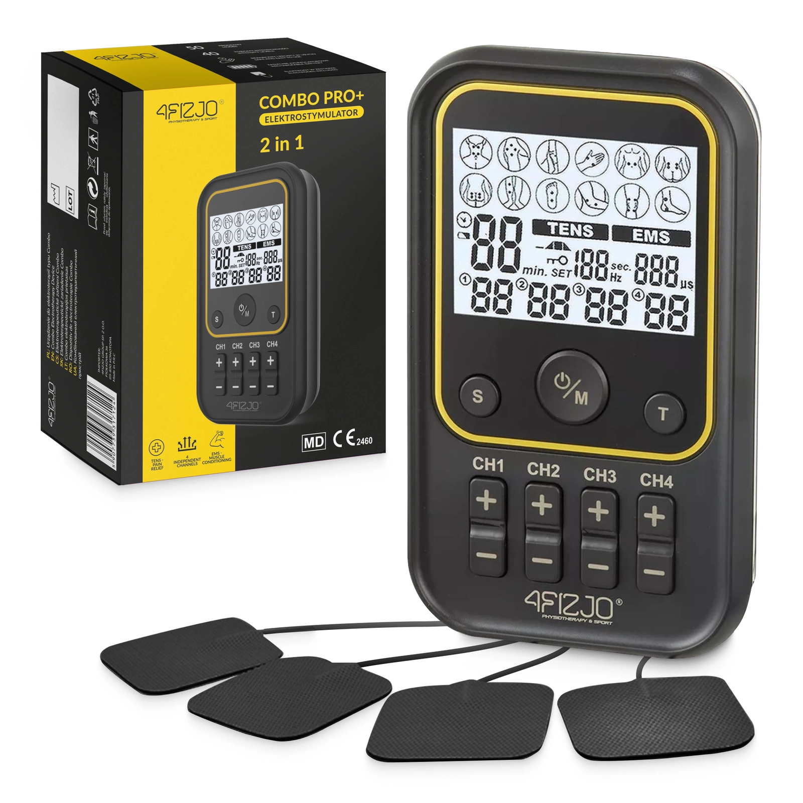 Bezprzewodowy elektrostymulator mięśni Combo PRO+, do terapii mięśni i nerwów, łączący funkcje TENS i EMS, idealny do łagodzenia bólu i wzmacniania mięśni, oferujący aż  50 różnych programów, łatwy w obsłudze, z dużym wyświetlaczem LCD oraz ładowaniem USB